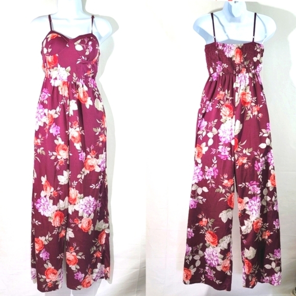 Band Of Gypsie Burgundy Floral Wide Leg Smocked Back Full Length Romper Sz XS - Picture 1 of 11